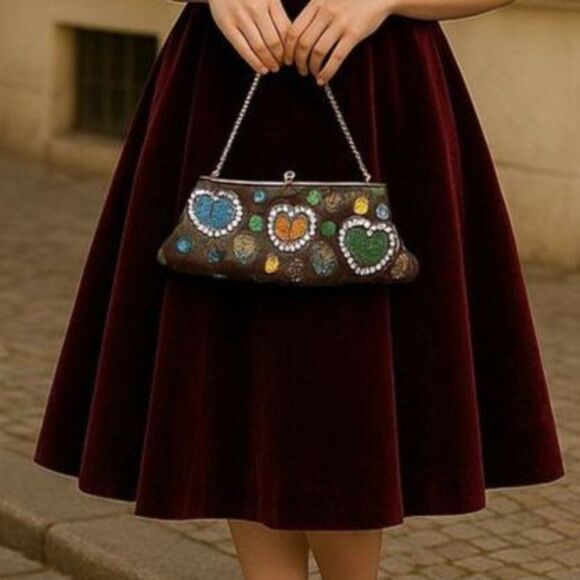 Lapis Brown Satin Beaded Bag Heart Embellished Vintage Boho Evening Clutch - Picture 1 of 5